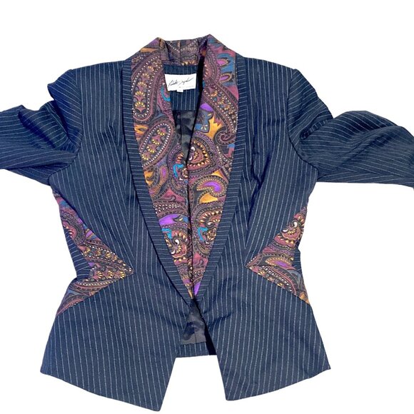 Linda Segal Jacket Womens 10 Pin Stripe Paisley Empire Short Lined Office VTG - Picture 13 of 16